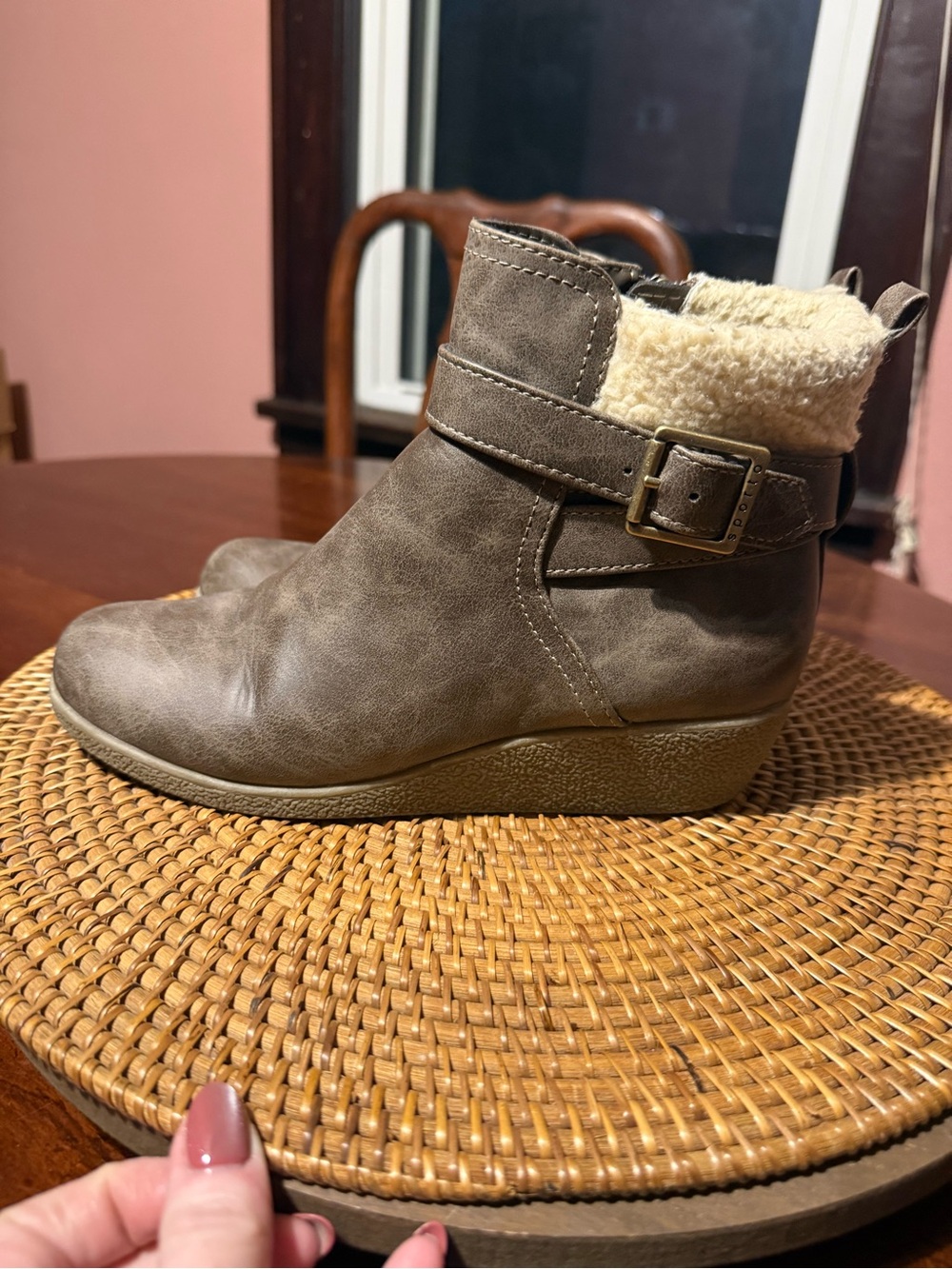 Sporto Taupe Faux Leather‎ Ankle Bootie with Shearling Cuff